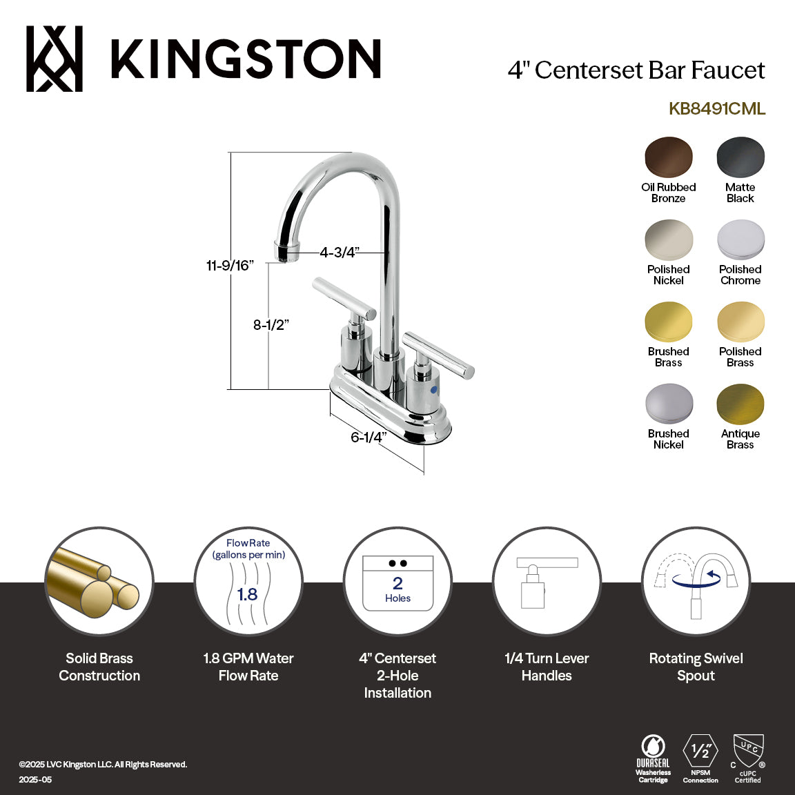 Kingston Sona KB8496CML - Manhattan Two-Handle 2-Hole Deck Mount Bar Faucet, Polished Nickel — thumbnail 2